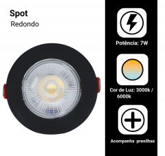 Spot LED Embutir Redondo 7w Preto Branco Frio